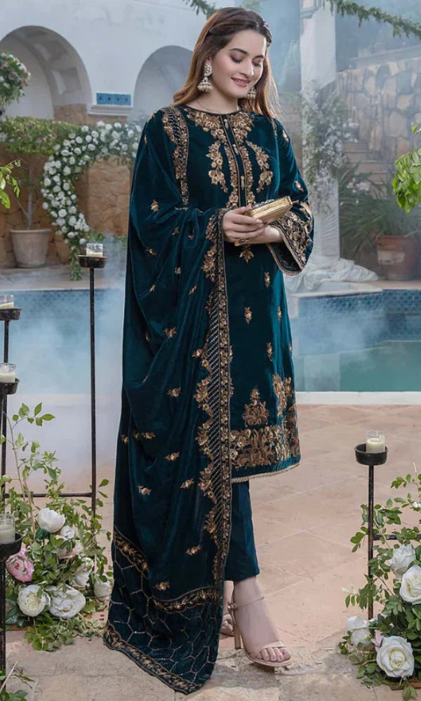 Azure - 3PC (Unstitched)9000 Micro Velvet Embroidered Suit - GMB214