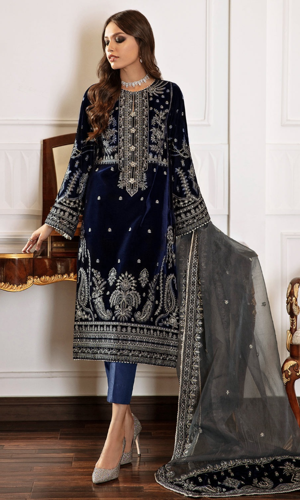 Baroque - 3PC (Unstitched) 9000 Micro Velvet Embroidered Suit BR 056