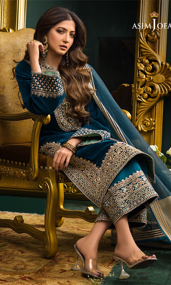 Asim Jofa - 3PC (Unstitched) 9000 Micro Velvet Embroidered Suit - AJ091