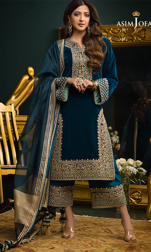 Asim Jofa - 3PC (Unstitched) 9000 Micro Velvet Embroidered Suit - AJ091