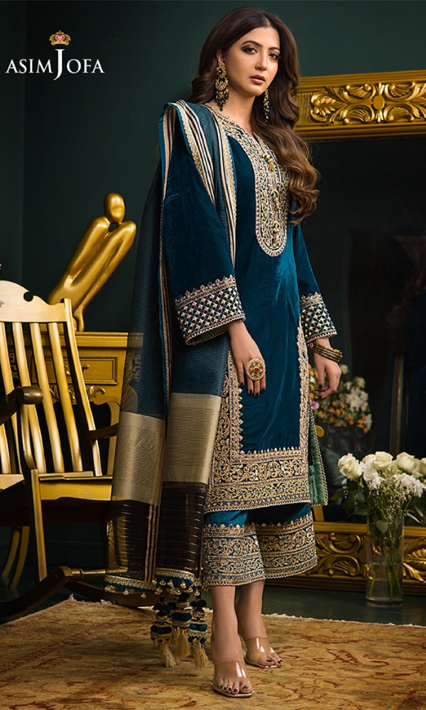 Asim Jofa - 3PC (Unstitched) 9000 Micro Velvet Embroidered Suit - AJ091