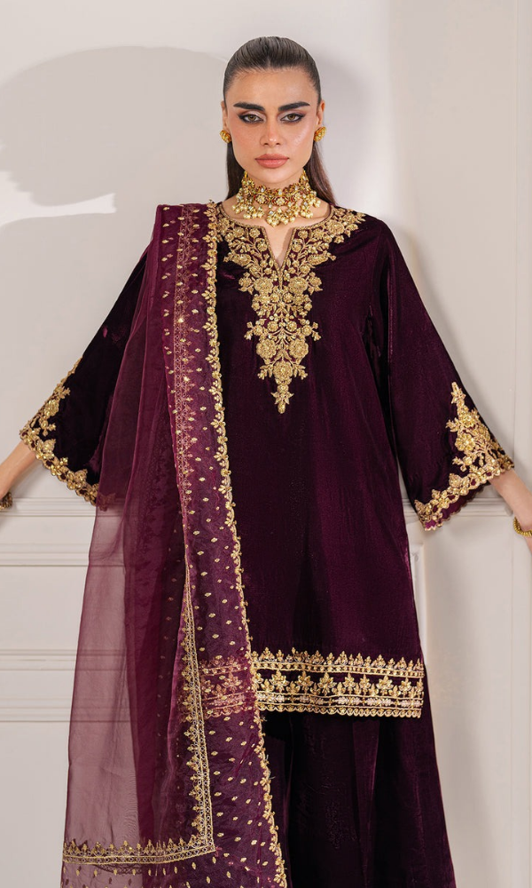 Baroque - 3PC (Unstitched) Velvet Embroidered Suit -