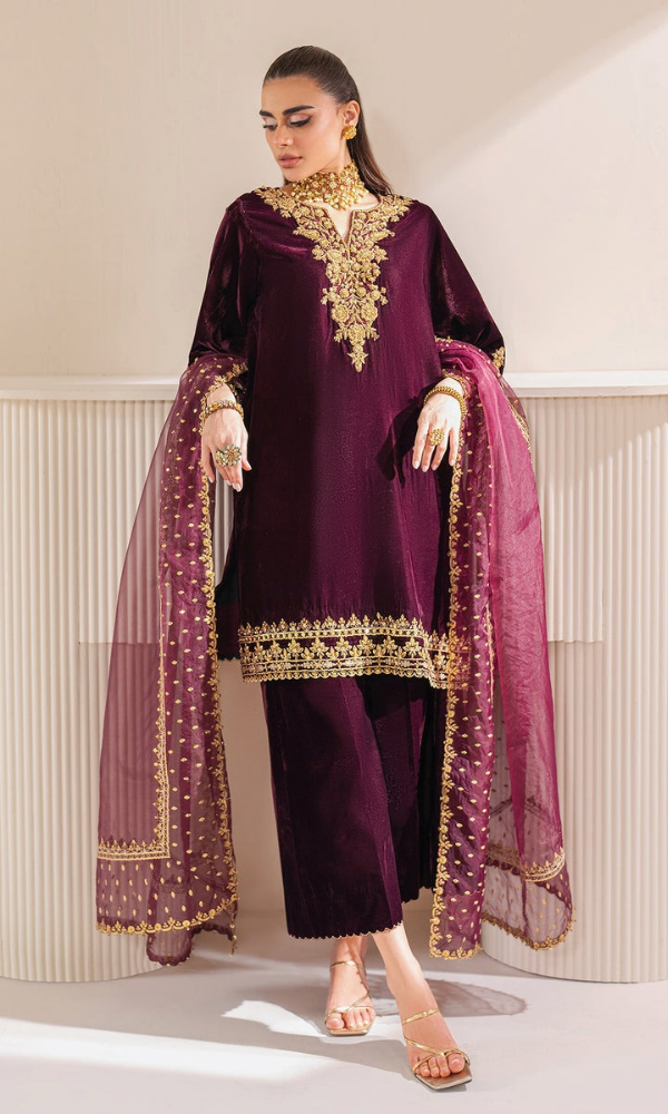 Baroque - 3PC (Unstitched) Velvet Embroidered Suit -