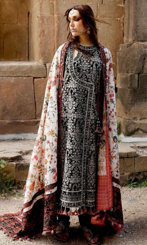 HUSSAIN REHAR - 3PC (Unstitched) Heavy Embroidered Dhannak shirt with Printed Wool Shawl - GKA7910