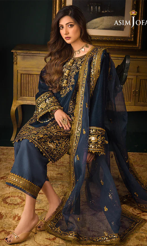 Asim Jofa - 3PC (Unstitched) 9000 Micro Velvet Embroidered Suit - AJ092