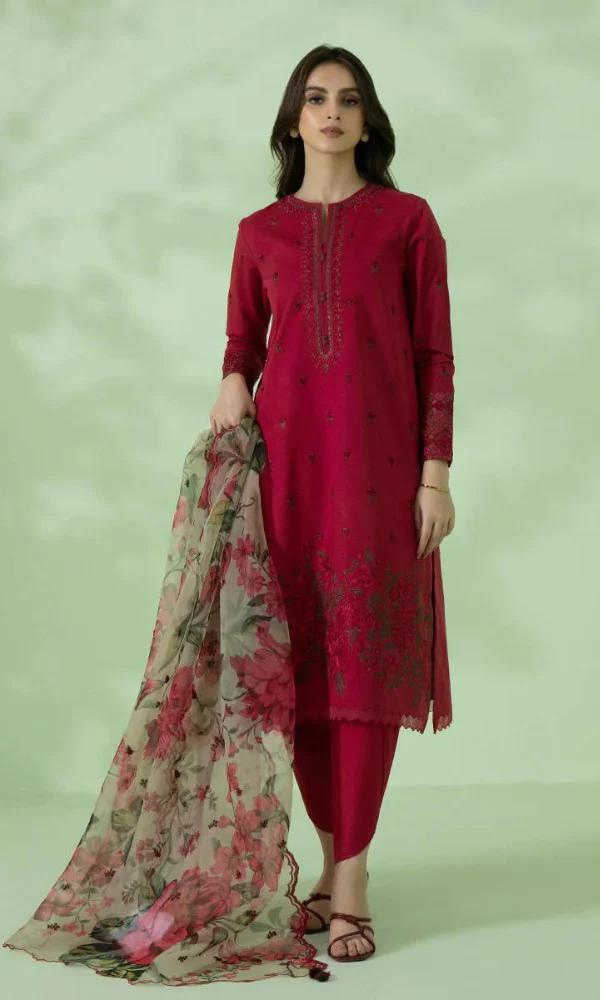 Sapphire - 3PC Dhanak Heavy Embroidered Shirt With Paper Cotton Printed Dupatta-GSF029