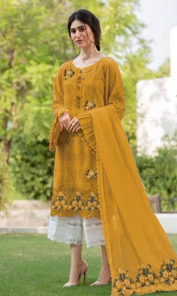 Maria B. - 3PC (Unstitched) Lawn Chicken Kari Heavy Embroidered Shirt With Bamber Chiffon Embroidered Dupatta - GKA35