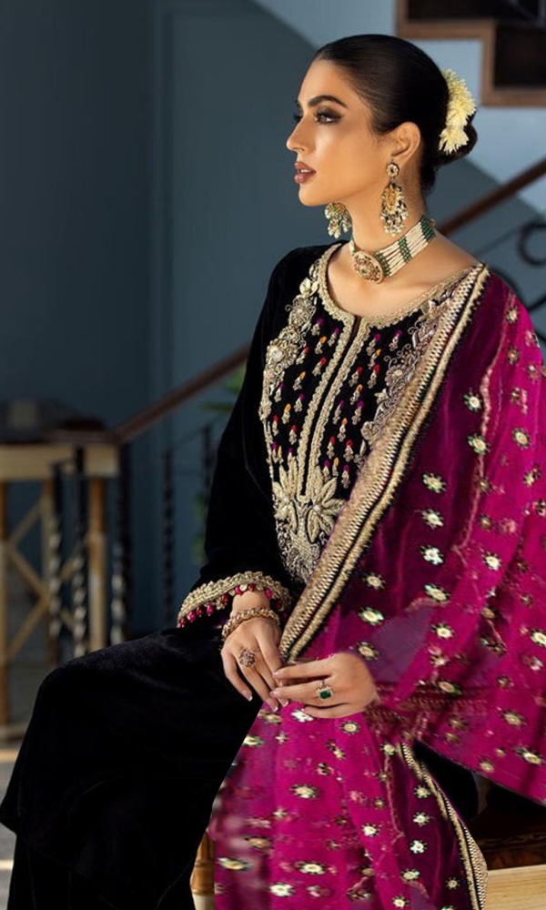 Khuda Baksh - 3PC (Unstitched) Velvet Embroidered Suit - KB001