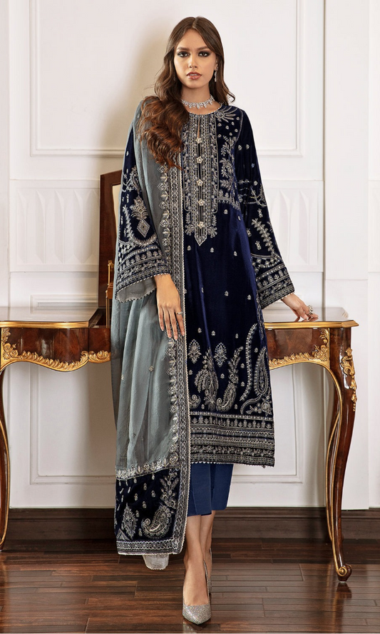 Baroque - 3PC (Unstitched) 9000 Micro Velvet Embroidered Suit BR 056