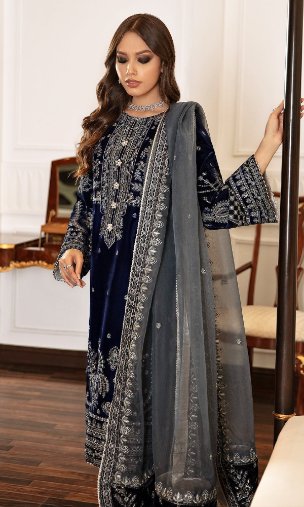 Baroque - 3PC (Unstitched) 9000 Micro Velvet Embroidered Suit BR 056
