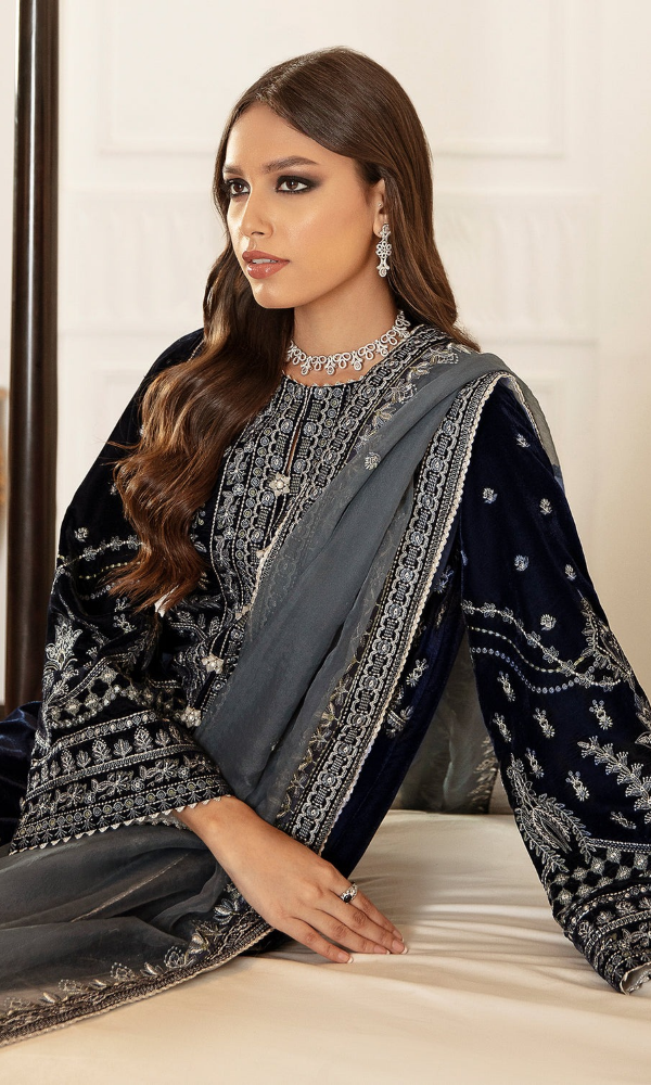 Baroque - 3PC (Unstitched) 9000 Micro Velvet Embroidered Suit BR 056