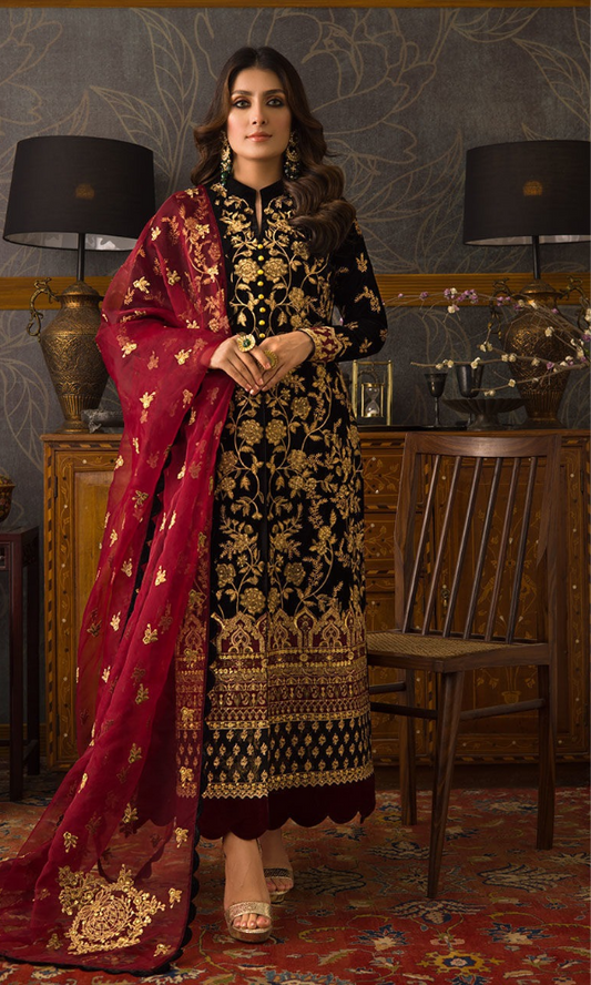 Asim Jofa - 3PC (Unstitched) 9000 Micro Velvet Embroidered Suit - AJ094