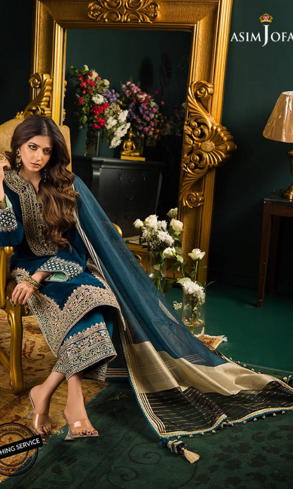 Asim Jofa - 3PC (Unstitched) 9000 Micro Velvet Embroidered Suit - AJ091