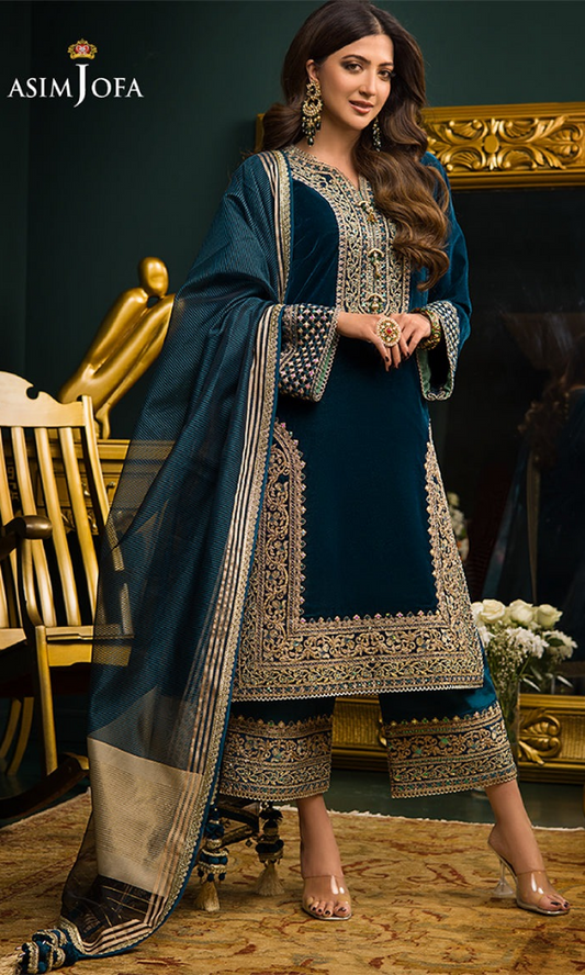Asim Jofa - 3PC (Unstitched) 9000 Micro Velvet Embroidered Suit - AJ091
