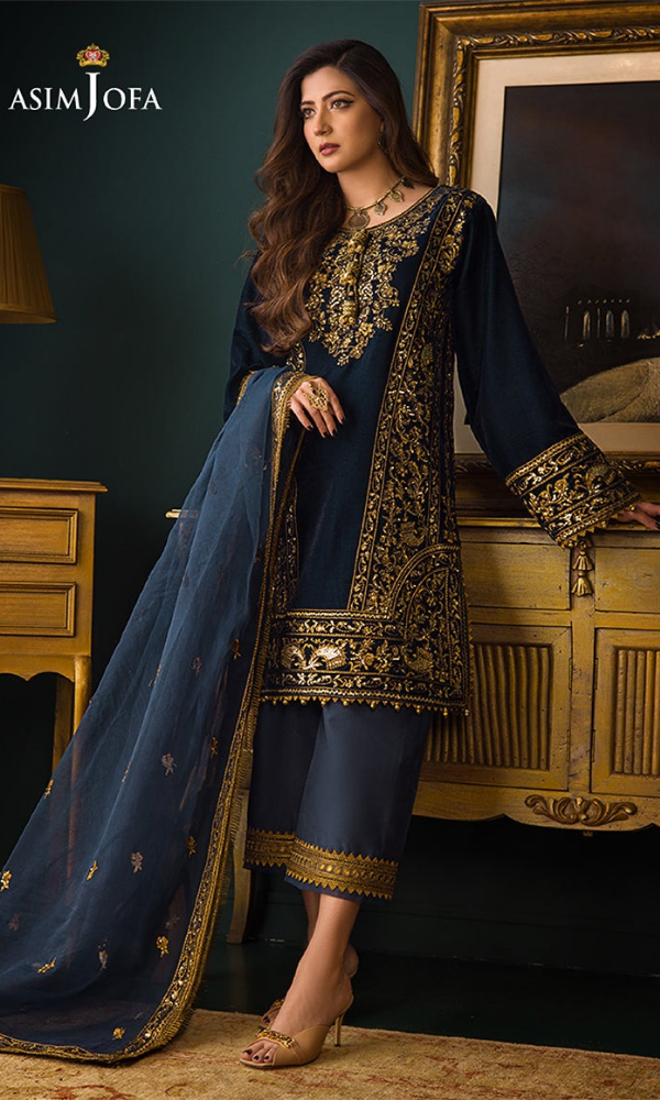 Asim Jofa - 3PC (Unstitched) 9000 Micro Velvet Embroidered Suit - AJ092