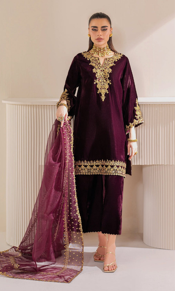 Baroque - 3PC (Unstitched) Velvet Embroidered Suit -