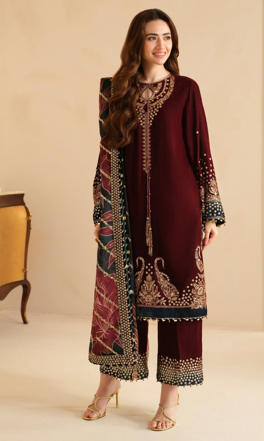 Jazmin - 3PC (Unstitched) 9000 Micro Velvet Embroidered Suit - JZ082