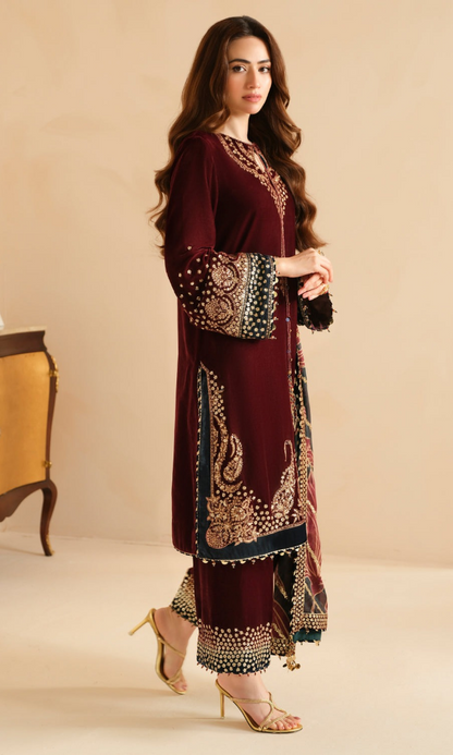 Jazmin - 3PC (Unstitched) 9000 Micro Velvet Embroidered Suit - JZ082