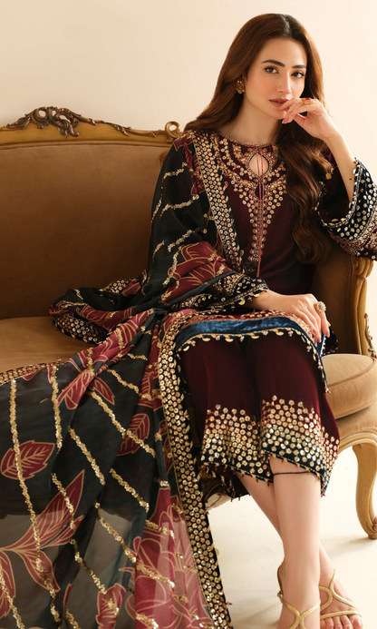 Jazmin - 3PC (Unstitched) 9000 Micro Velvet Embroidered Suit - JZ082
