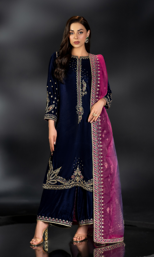 Naqshi - 3PC (Unstitched) 9000 Micro Velvet Embroidered Suit - NQ072