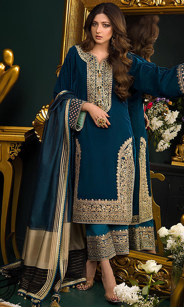 Asim Jofa - 3PC (Unstitched) 9000 Micro Velvet Embroidered Suit - AJ091