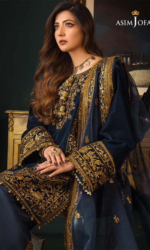 Asim Jofa - 3PC (Unstitched) 9000 Micro Velvet Embroidered Suit - AJ092