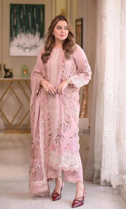 Aneela's - 3PC (Unstitched) Embroidered Sequence Chickenkari Lawn Suit - AN101