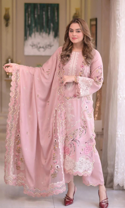Aneela's - 3PC (Unstitched) Embroidered Sequence Chickenkari Lawn Suit - AN101